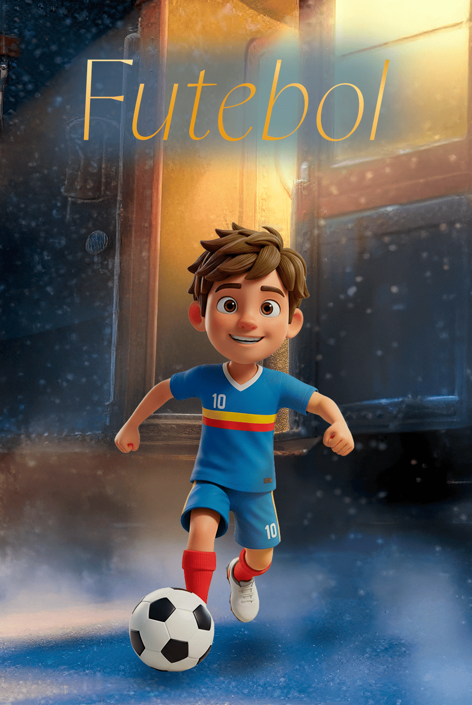 Um menino jovem vestindo uma camisa polo azul, uma faixa vermelha na cabeça e munhequeiras vermelhas está segurando uma bola de futebol debaixo do braço. Ele está fazendo uma saudação com uma expressão séria no rosto, posando contra um fundo roxo.