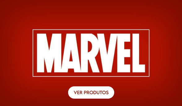 Fundo vermelho com texto em branco Marvel, com borda branco retangular em volta do texto