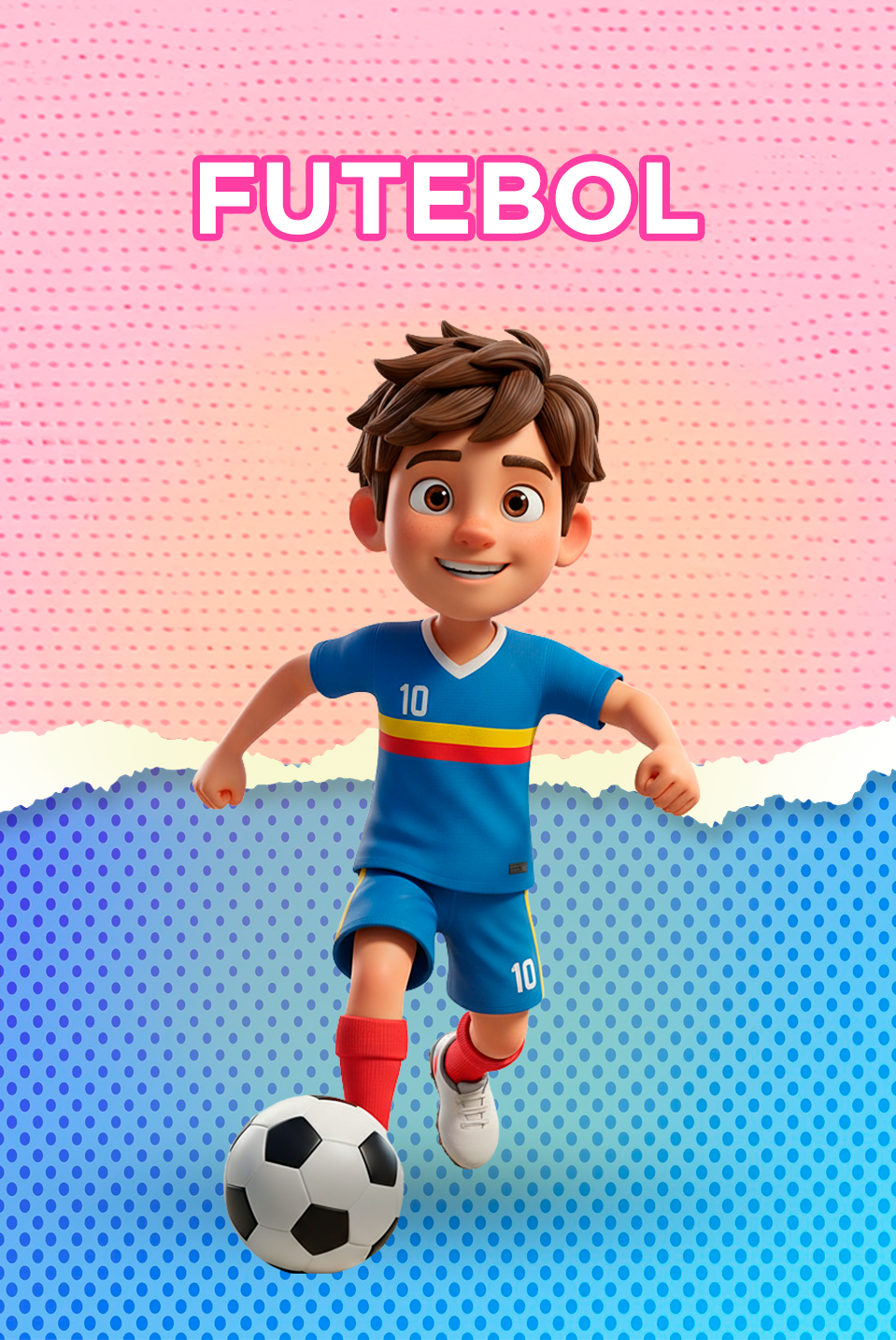 Um menino jovem vestindo uma camisa polo azul, uma faixa vermelha na cabeça e munhequeiras vermelhas está segurando uma bola de futebol debaixo do braço. Ele está fazendo uma saudação com uma expressão séria no rosto, posando contra um fundo roxo.