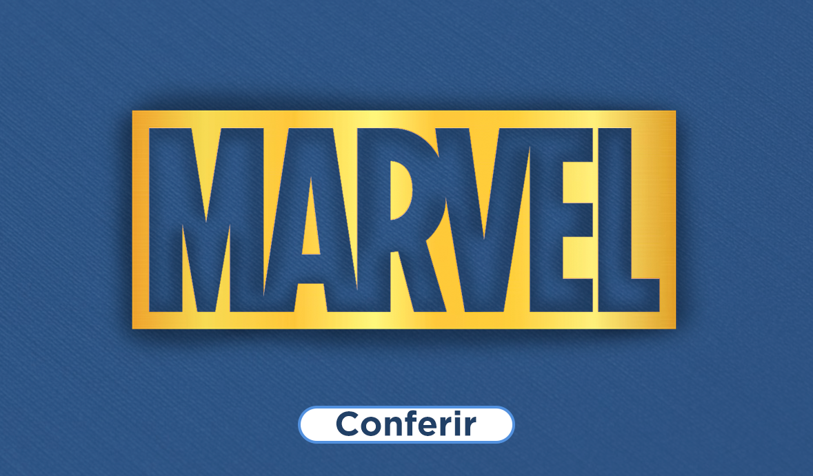Fundo vermelho com texto em branco Marvel, com borda branco retangular em volta do texto