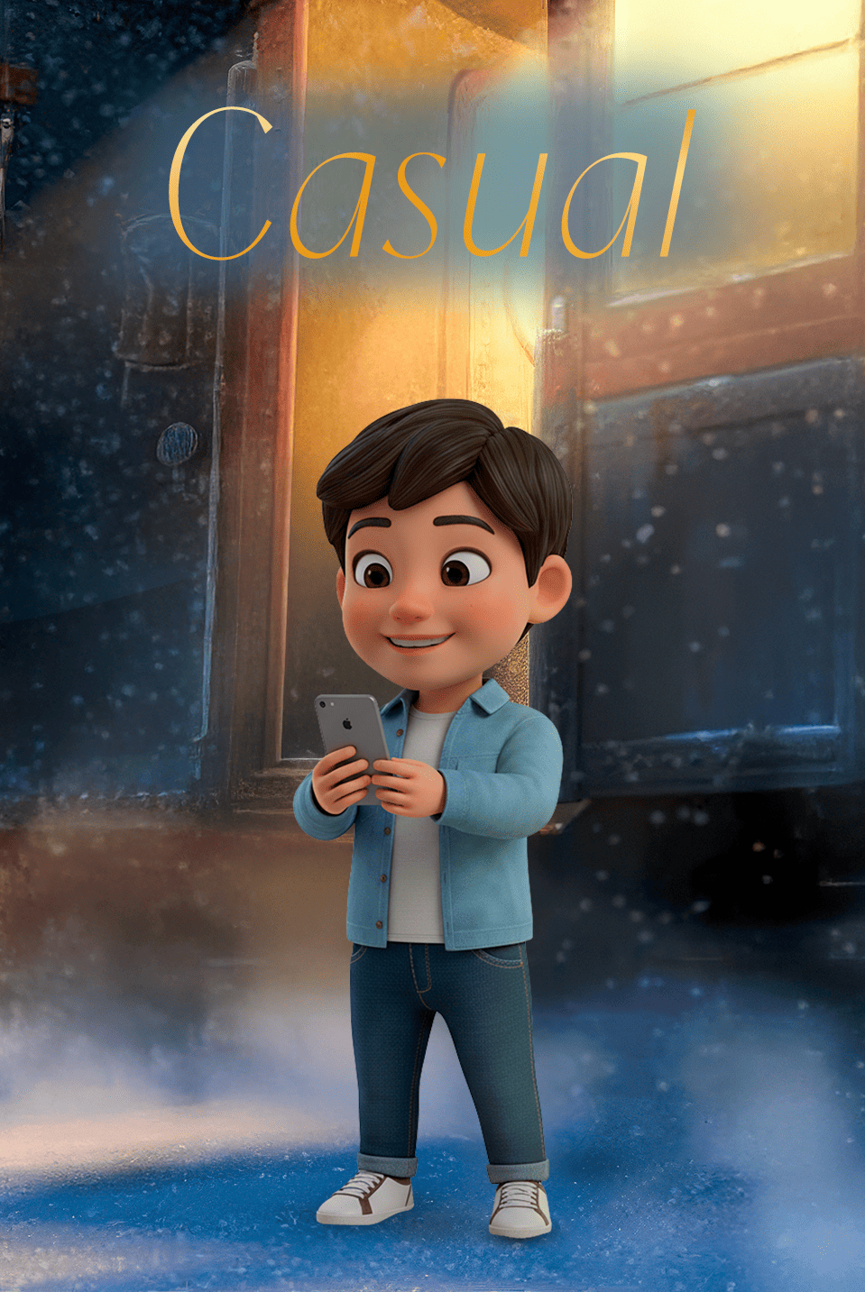 Um menino jovem com cabelo curto está sorrindo, vestindo uma camisa de flanela xadrez colorida sobre uma camiseta branca, calça jeans azul e tênis brancos. Ele está com as mãos nos bolsos da calça e posando contra um fundo amarelo.