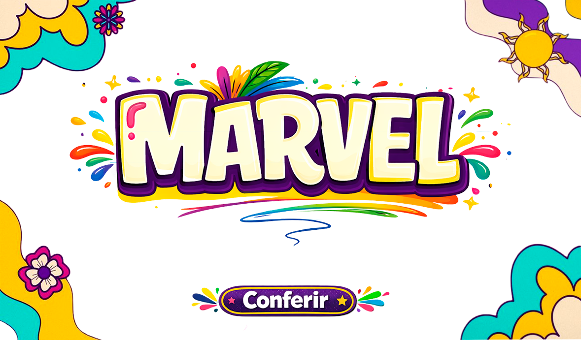 Fundo vermelho com texto em branco Marvel, com borda branco retangular em volta do texto
