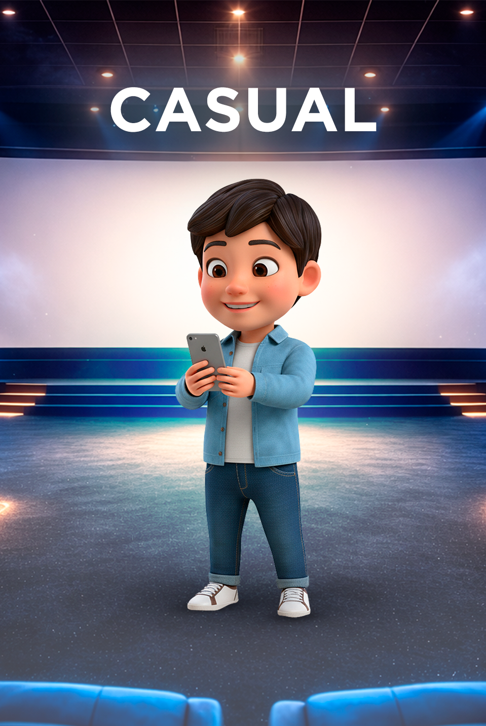 Um menino jovem com cabelo curto está sorrindo, vestindo uma camisa de flanela xadrez colorida sobre uma camiseta branca, calça jeans azul e tênis brancos. Ele está com as mãos nos bolsos da calça e posando contra um fundo amarelo.