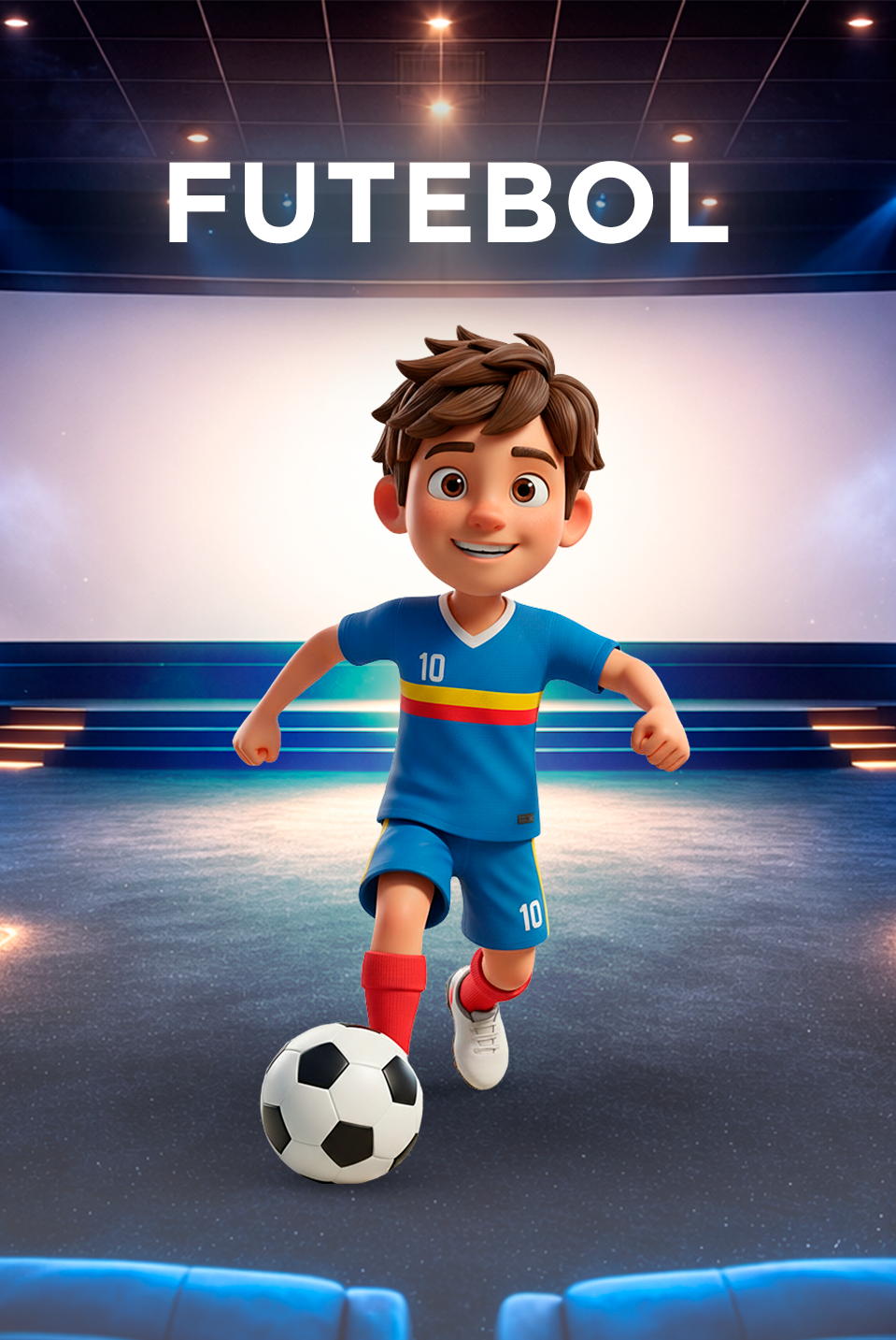 Um menino jovem vestindo uma camisa polo azul, uma faixa vermelha na cabeça e munhequeiras vermelhas está segurando uma bola de futebol debaixo do braço. Ele está fazendo uma saudação com uma expressão séria no rosto, posando contra um fundo roxo.