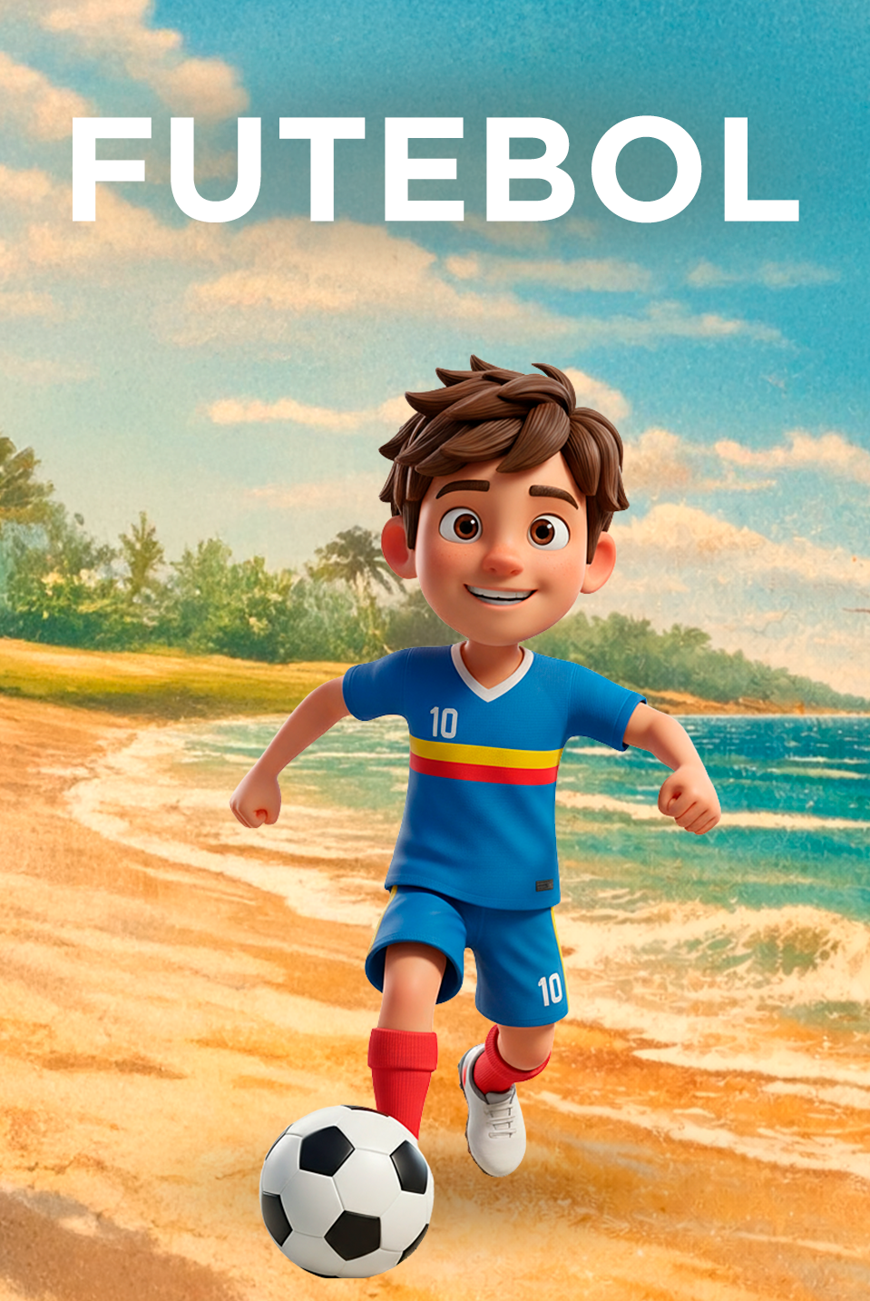 Um menino jovem vestindo uma camisa polo azul, uma faixa vermelha na cabeça e munhequeiras vermelhas está segurando uma bola de futebol debaixo do braço. Ele está fazendo uma saudação com uma expressão séria no rosto, posando contra um fundo roxo.