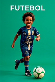 Um menino jovem vestindo uma camisa polo azul, uma faixa vermelha na cabeça e munhequeiras vermelhas está segurando uma bola de futebol debaixo do braço. Ele está fazendo uma saudação com uma expressão séria no rosto, posando contra um fundo roxo.