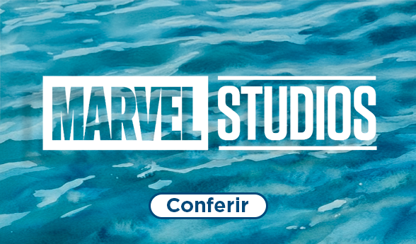 Fundo vermelho com texto em branco Marvel, com borda branco retangular em volta do texto
