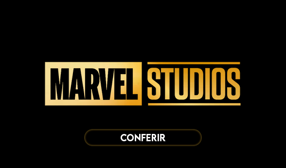 Fundo vermelho com texto em branco Marvel, com borda branco retangular em volta do texto