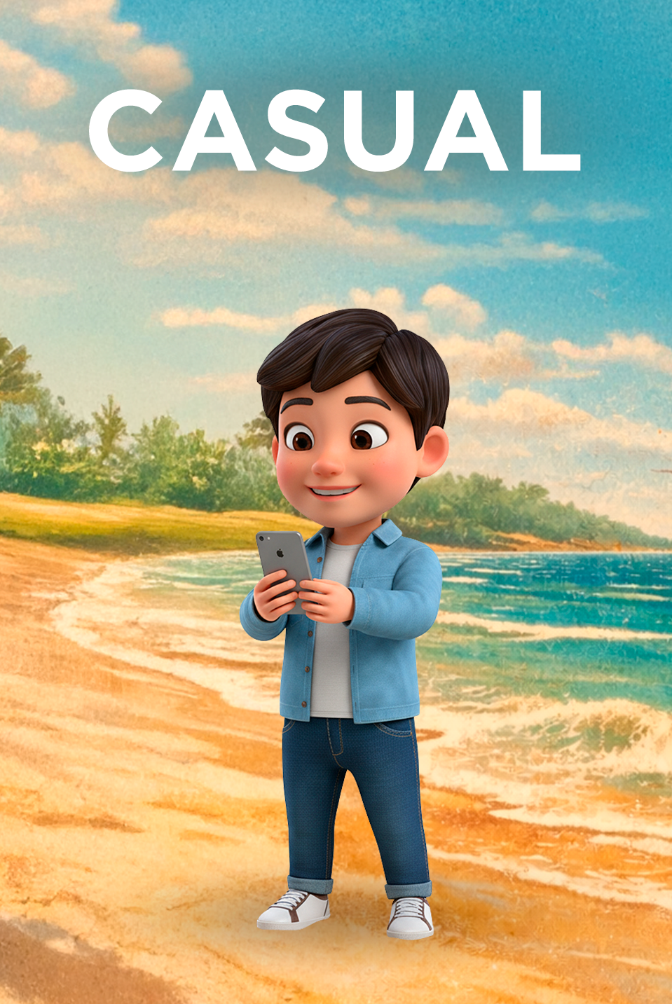 Um menino jovem com cabelo curto está sorrindo, vestindo uma camisa de flanela xadrez colorida sobre uma camiseta branca, calça jeans azul e tênis brancos. Ele está com as mãos nos bolsos da calça e posando contra um fundo amarelo.