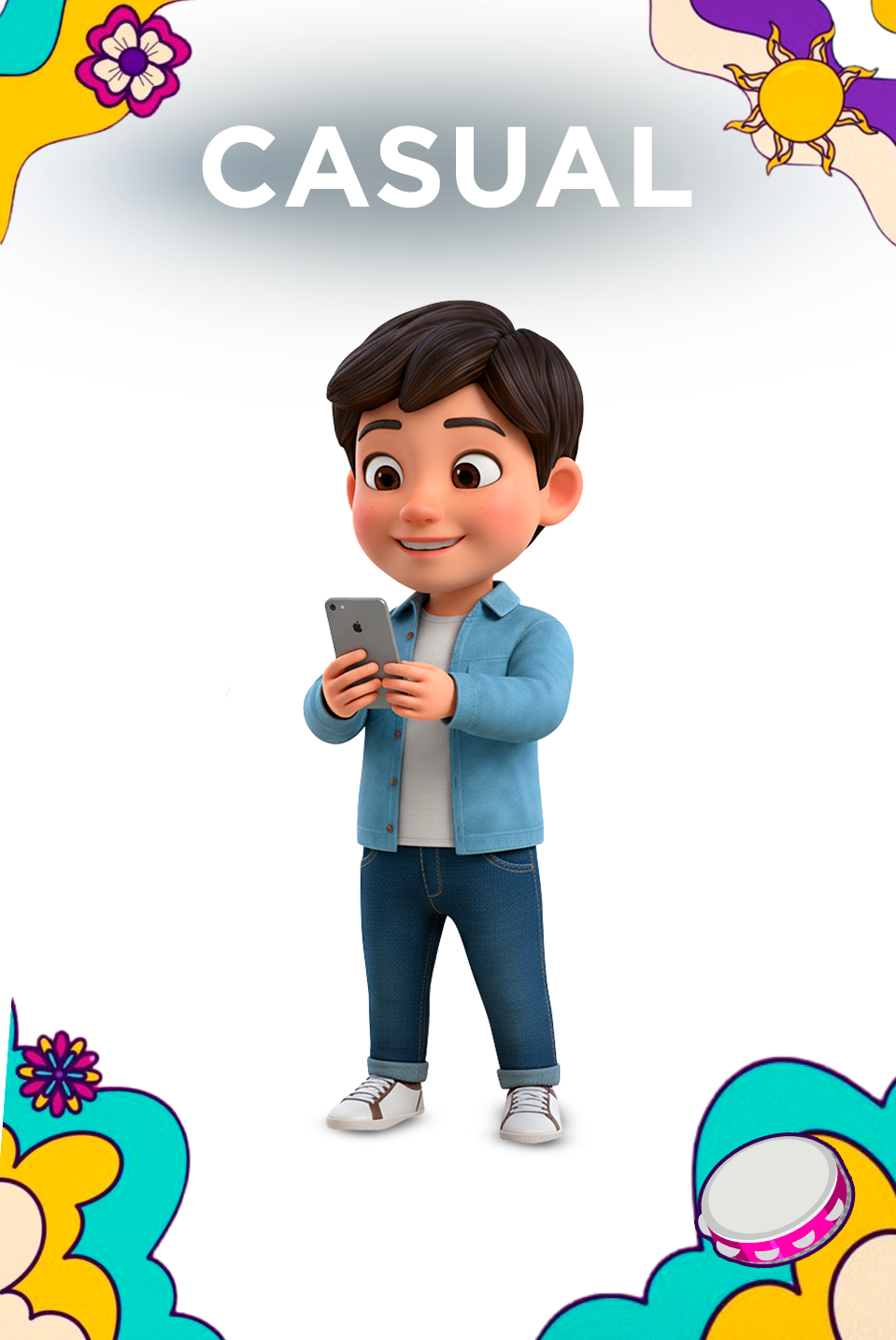 Um menino jovem com cabelo curto está sorrindo, vestindo uma camisa de flanela xadrez colorida sobre uma camiseta branca, calça jeans azul e tênis brancos. Ele está com as mãos nos bolsos da calça e posando contra um fundo amarelo.