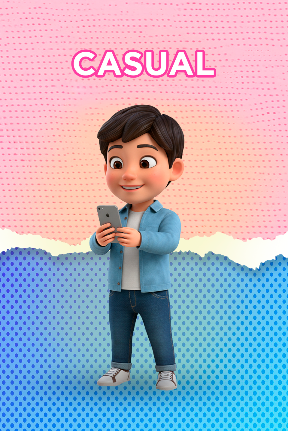 Um menino jovem com cabelo curto está sorrindo, vestindo uma camisa de flanela xadrez colorida sobre uma camiseta branca, calça jeans azul e tênis brancos. Ele está com as mãos nos bolsos da calça e posando contra um fundo amarelo.