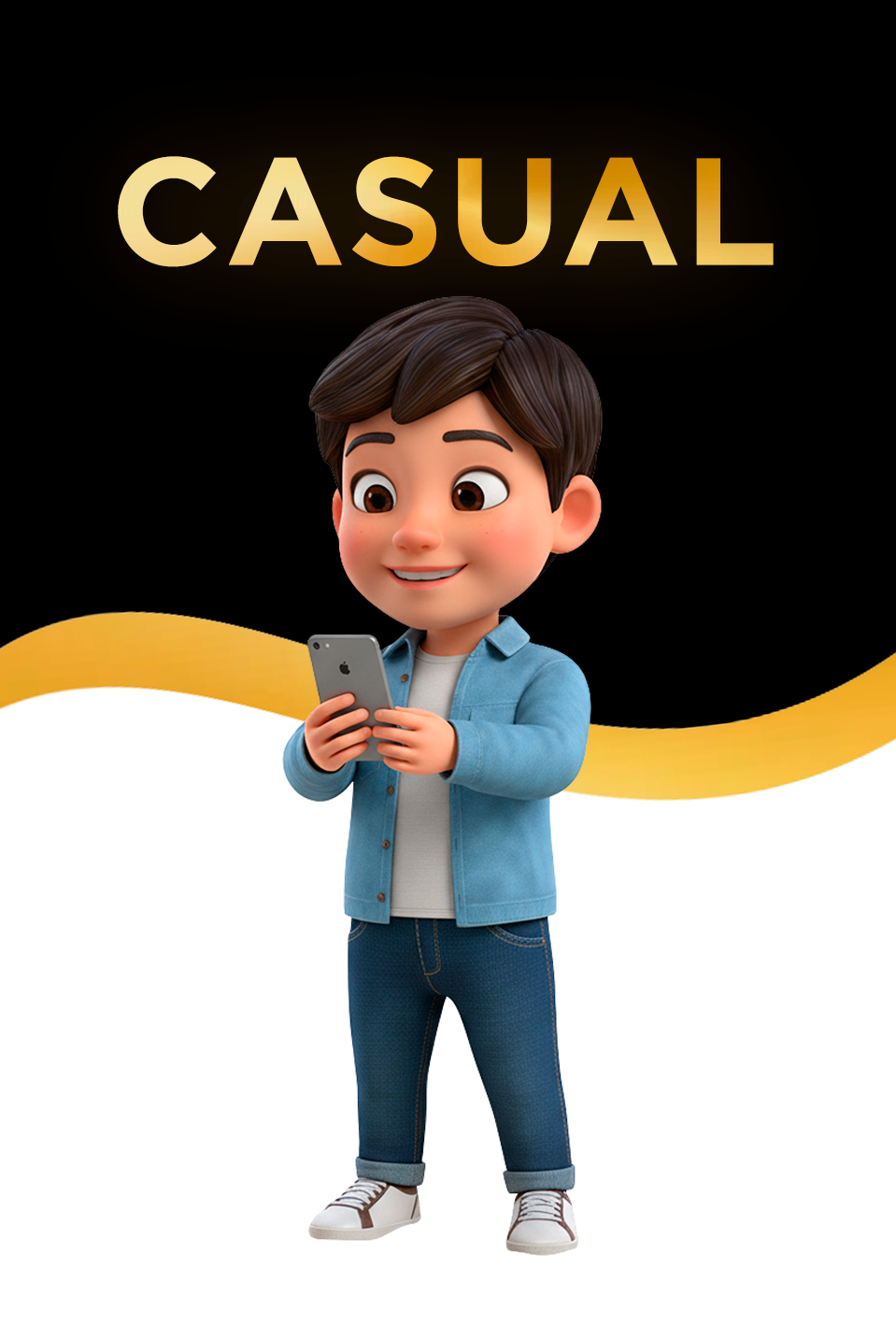 Um menino jovem com cabelo curto está sorrindo, vestindo uma camisa de flanela xadrez colorida sobre uma camiseta branca, calça jeans azul e tênis brancos. Ele está com as mãos nos bolsos da calça e posando contra um fundo amarelo.