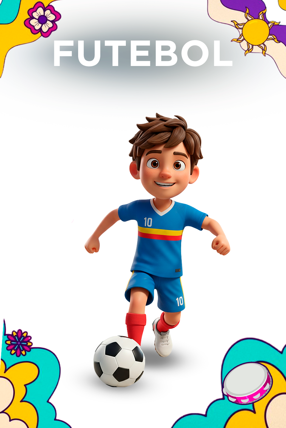 Um menino jovem vestindo uma camisa polo azul, uma faixa vermelha na cabeça e munhequeiras vermelhas está segurando uma bola de futebol debaixo do braço. Ele está fazendo uma saudação com uma expressão séria no rosto, posando contra um fundo roxo.