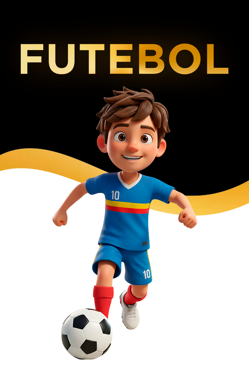 Um menino jovem vestindo uma camisa polo azul, uma faixa vermelha na cabeça e munhequeiras vermelhas está segurando uma bola de futebol debaixo do braço. Ele está fazendo uma saudação com uma expressão séria no rosto, posando contra um fundo roxo.